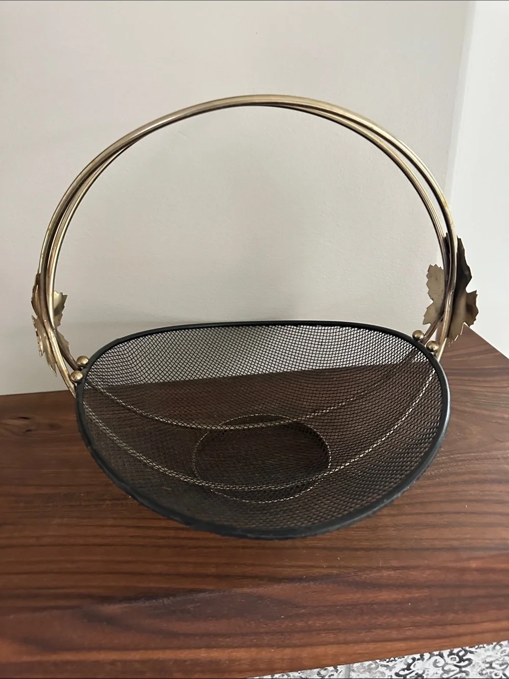 Vintage MCM Black Wire Mesh Fruit Basket Caddy with Brass Leaf Handle